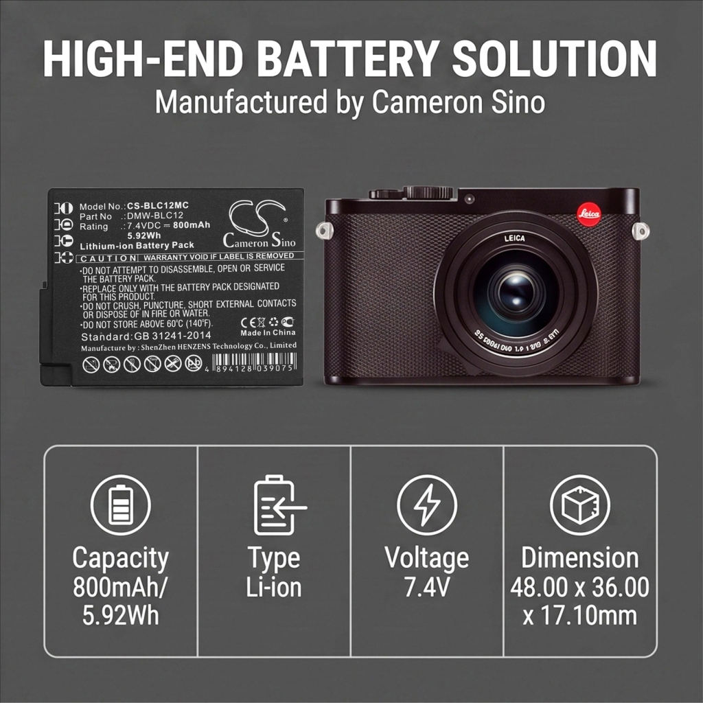 Batterie compatibile con Panasonic Lumix DMC-FZ1000 DMC-FZ200 DMC-FZ200GK CS-BLC12MC