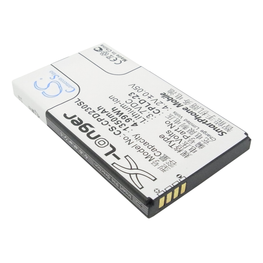 Batteria Cameron Sino CS-CPD230SL, vista angolata dell'etichetta posteriore e contatti