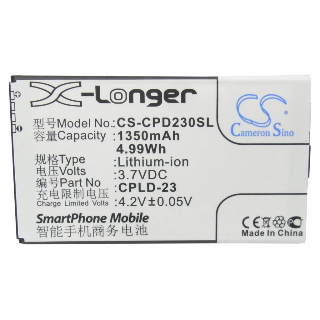 Batteria telefono Li-ion Cameron Sino CS-CPD230SL 3,7V 1350mAh, vista piatta dell'etichetta