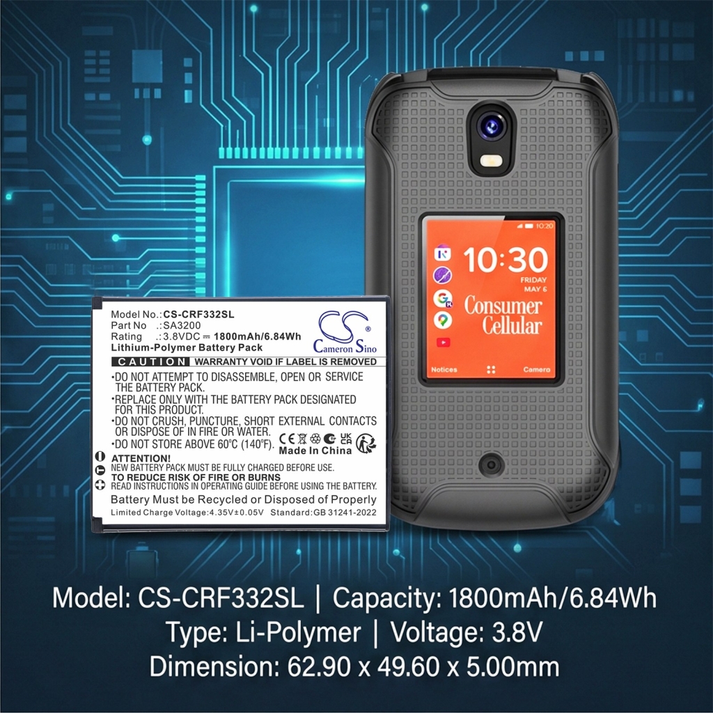 Batterie compatibile con Consumer Cellular Iris Flip CS-CRF332SL