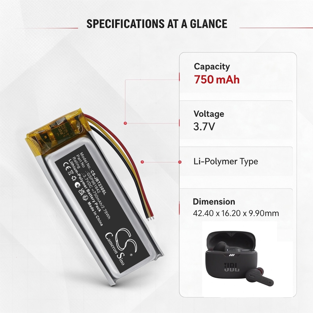 Batterie compatibile con JBL Tune 230NC Charging Case Beam 230NC Charging Case Beam Earbuds charging Case CS-JBT230SL