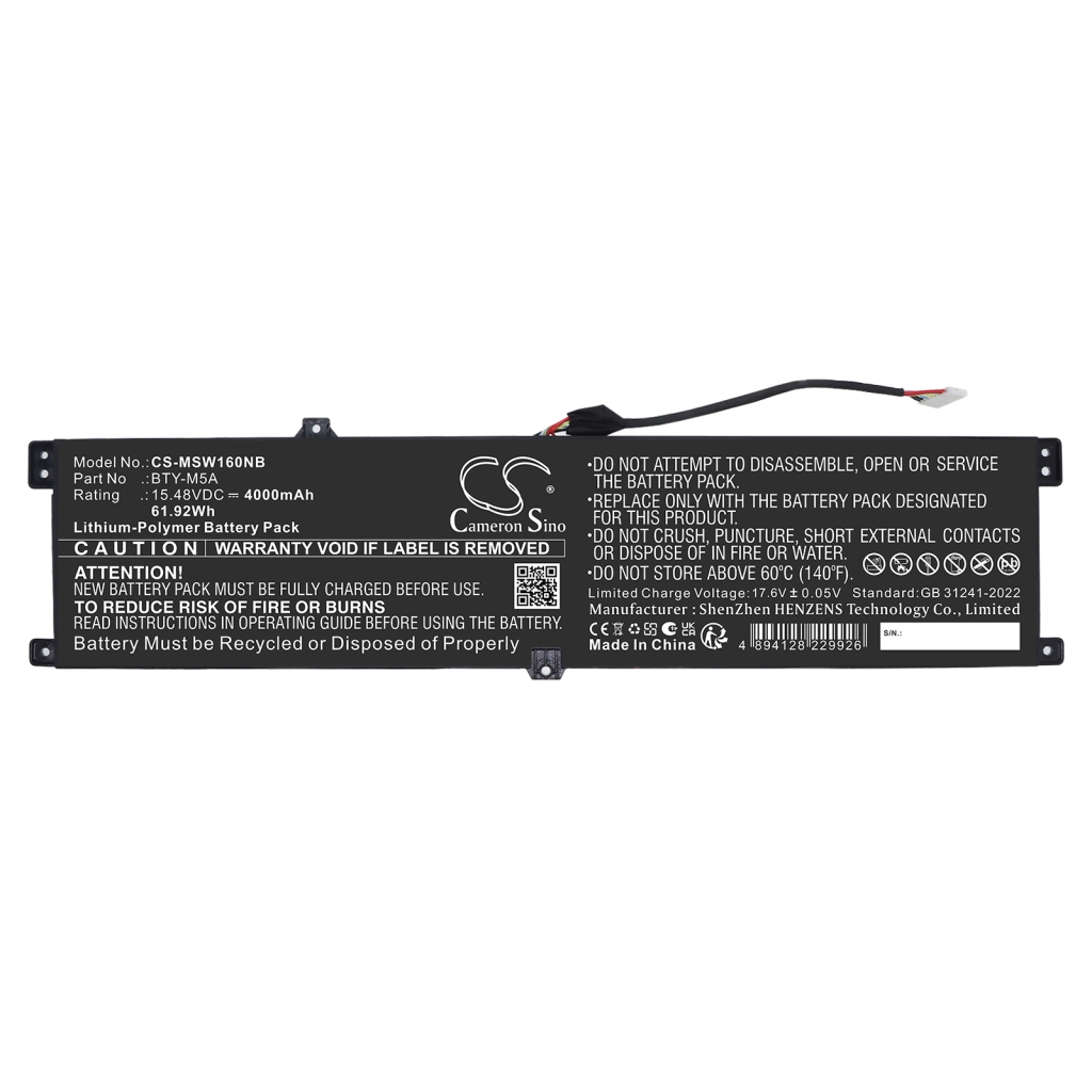 Batterie compatibile con MSI B14VFKG-056UK B14VFKG-056UK CS-MSW160NB