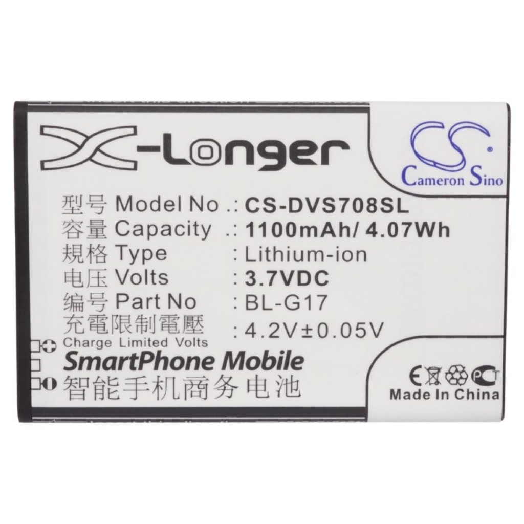 Front label of CS-DVS708SL 3.7V 1100mAh Li-ion smartphone battery, X-Longer Cameron Sino