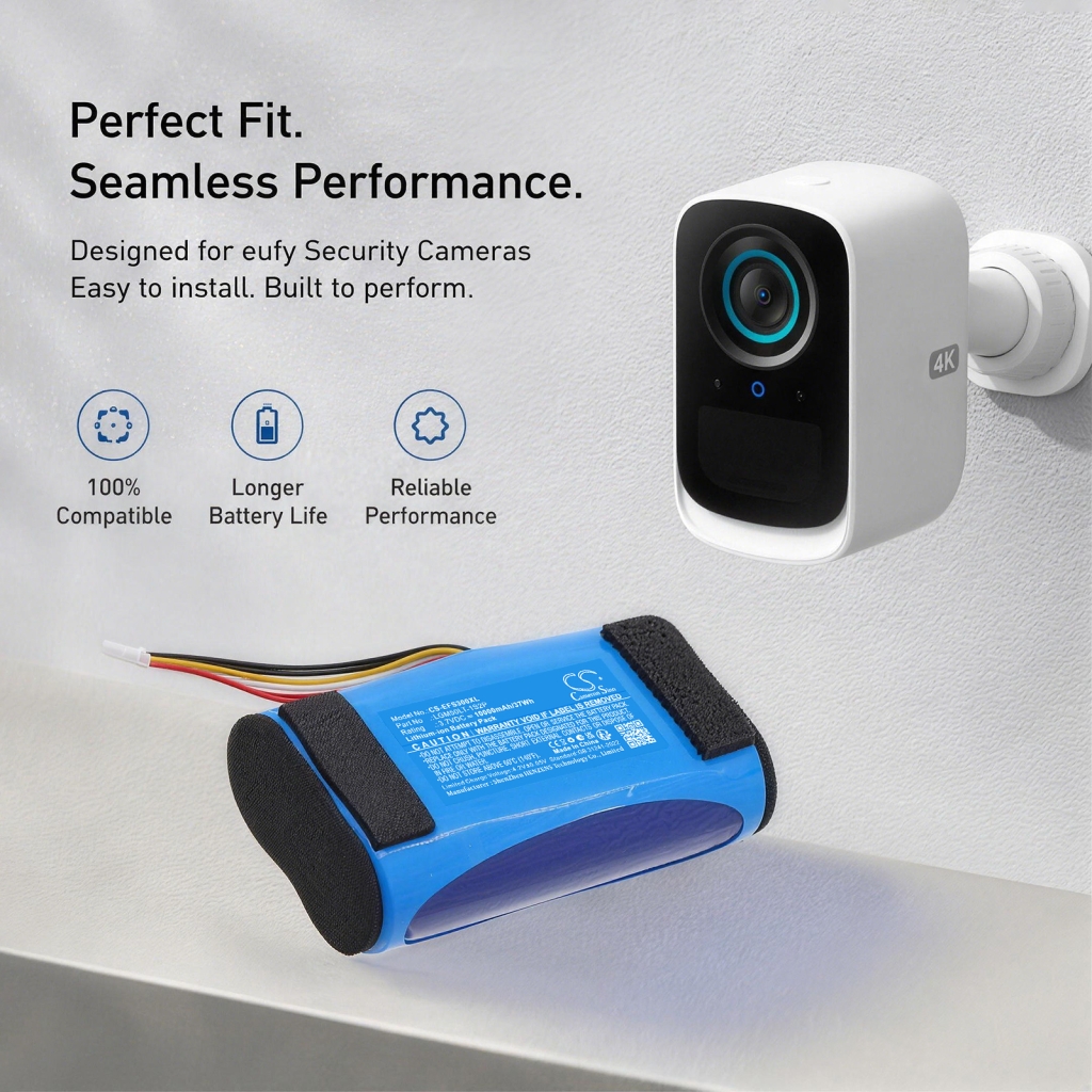Immagine marketing videocamera di sicurezza eufy con testo di compatibilità batteria