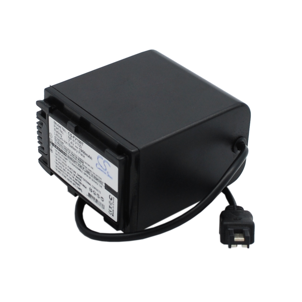 CS-FV100T angled front view, PUSH button, Li-ion E...F charge indicator, coiled cable connector