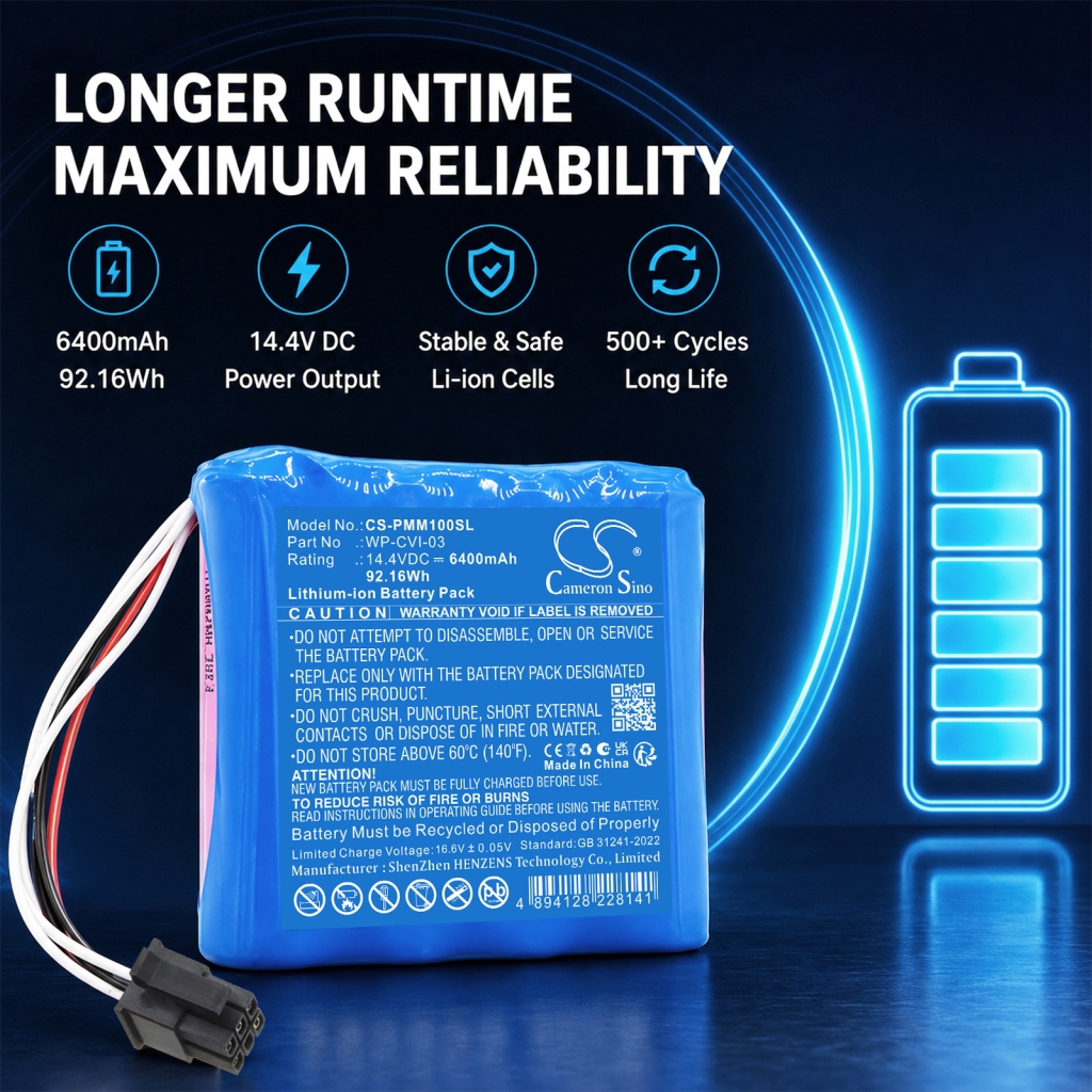 CS-PMM100SL marketing image with specs 6400mAh 14.4VDC 500+ cycles