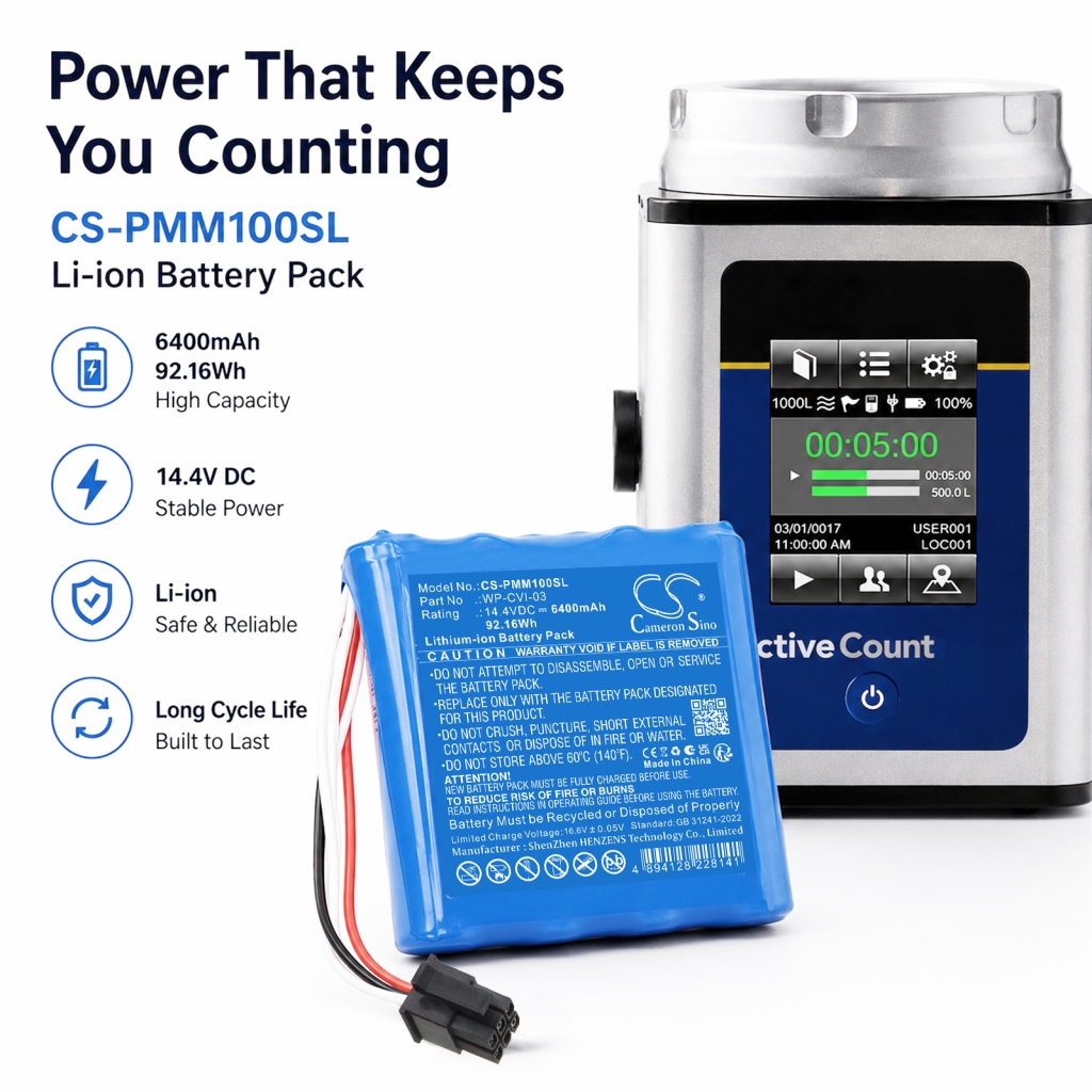 CS-PMM100SL next to a liquid counting device, specs 14.4V 6400mAh