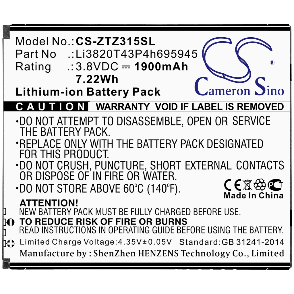 Batteria del telefono cellulare ZTE CS-ZTZ315SL